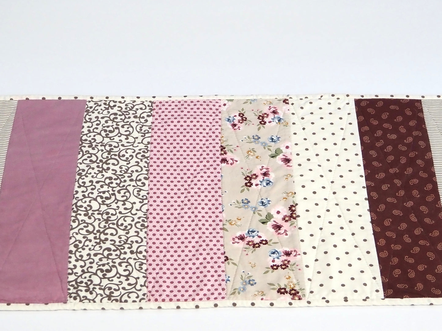 Wide Stripe Burgundy, Pink & Taupe Quilted Table Runner