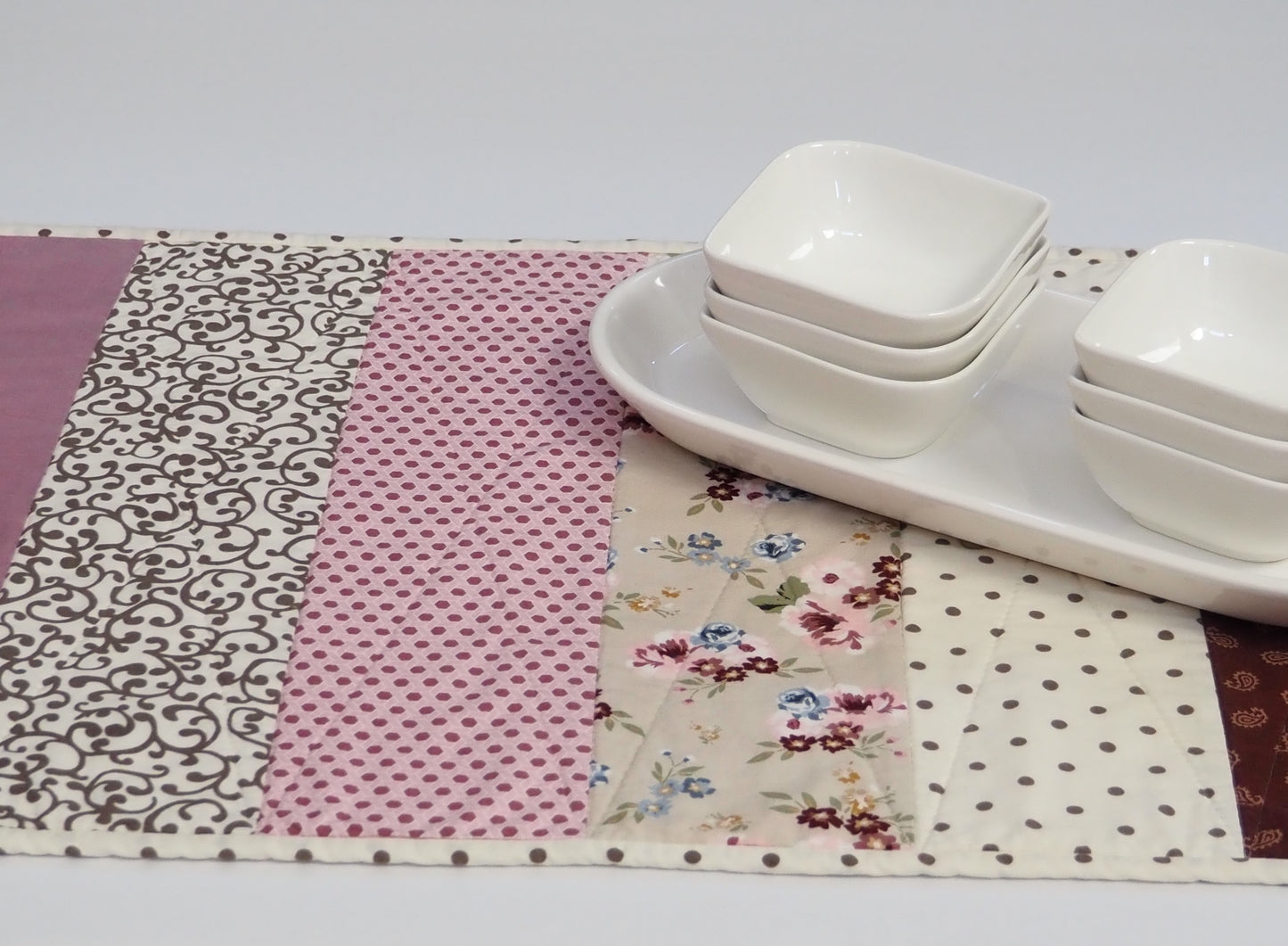 Wide Stripe Burgundy, Pink & Taupe Quilted Table Runner