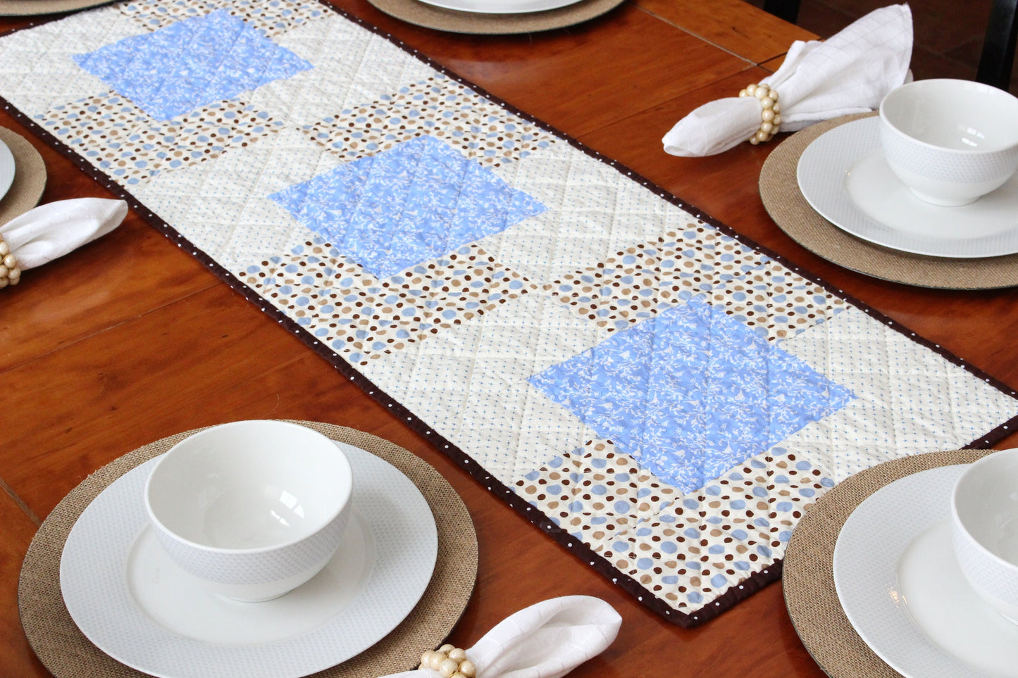 Light Blue & Brown Quilted Table Runner