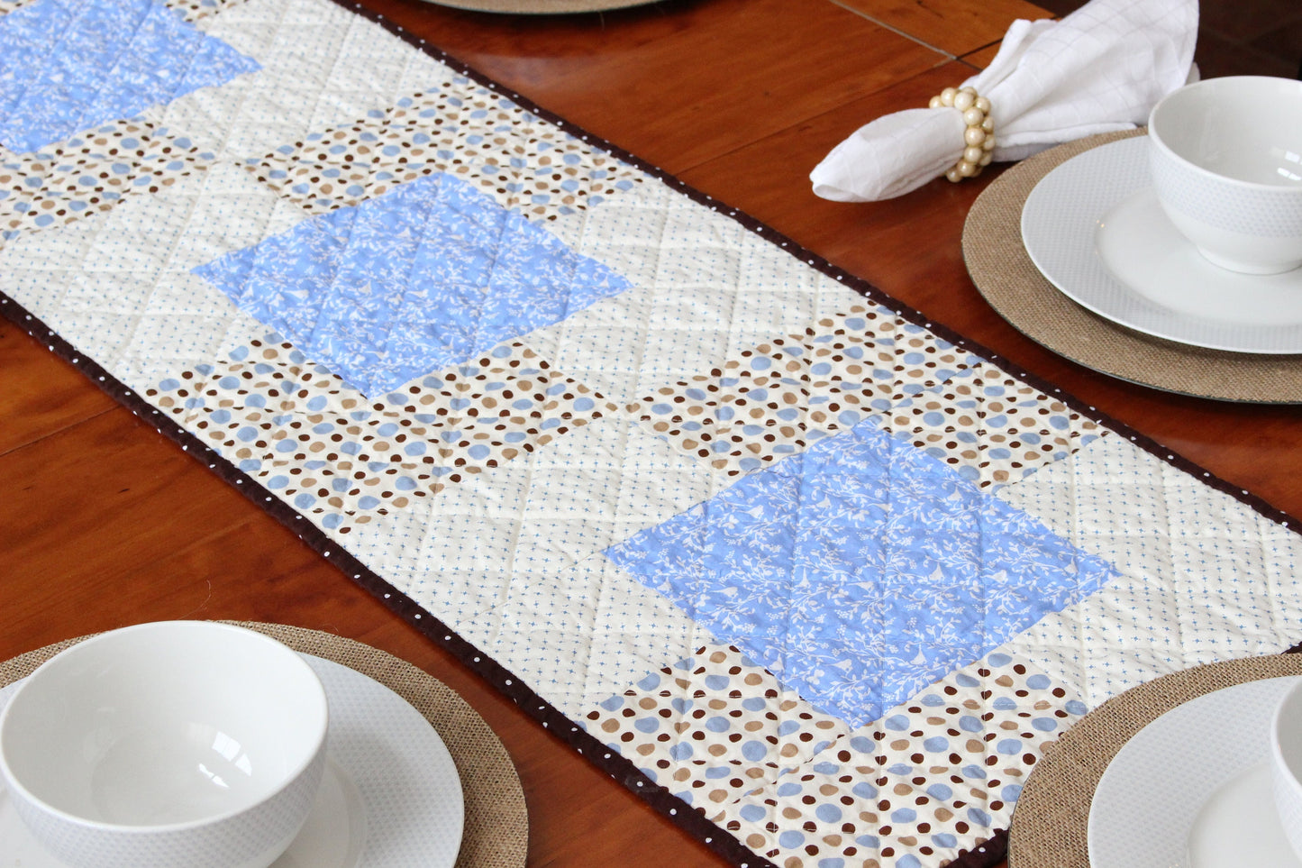 Light Blue & Brown Quilted Table Runner